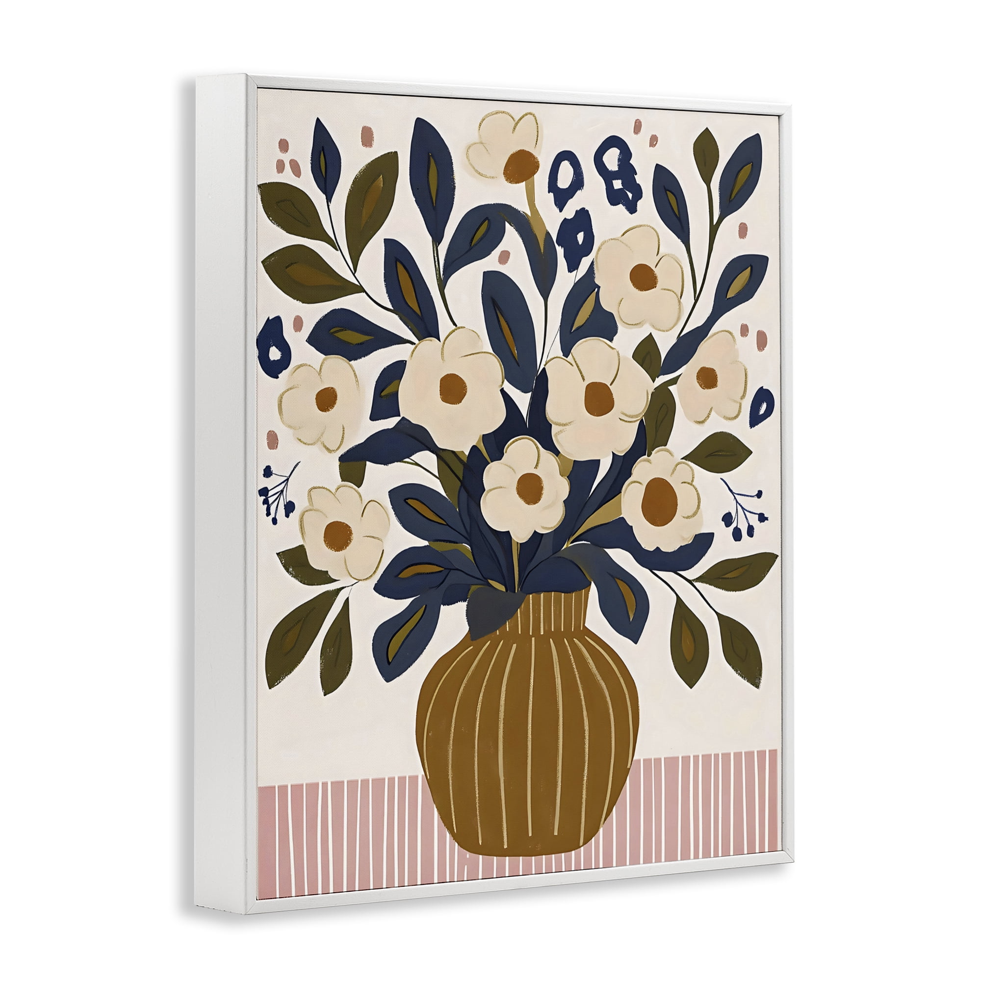 Stupell Industries Boho Floral Vase with Stripes White Framed Giclee Art, design by Creative Studio
