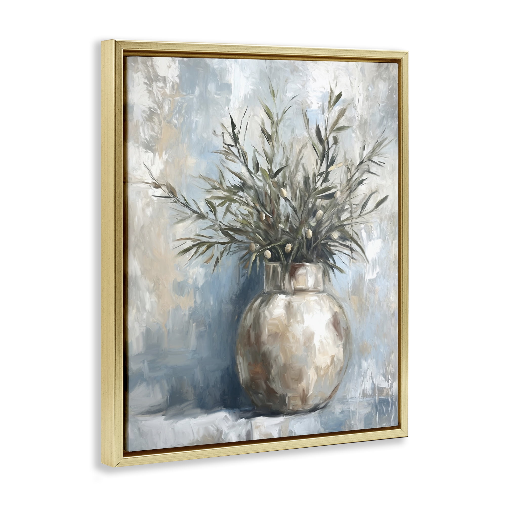 Stupell Industries Potted Olive Branches Botanical & Floral Painting Gold Floater Framed Canvas Art Print Wall Art, 17 x 21
