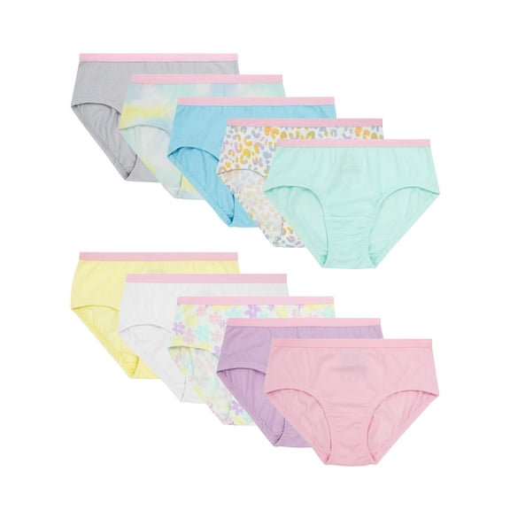 Fruit of the Loom Girl's Cotton Stretch Brief Underwear, 10-Pack, Sizes 4-16