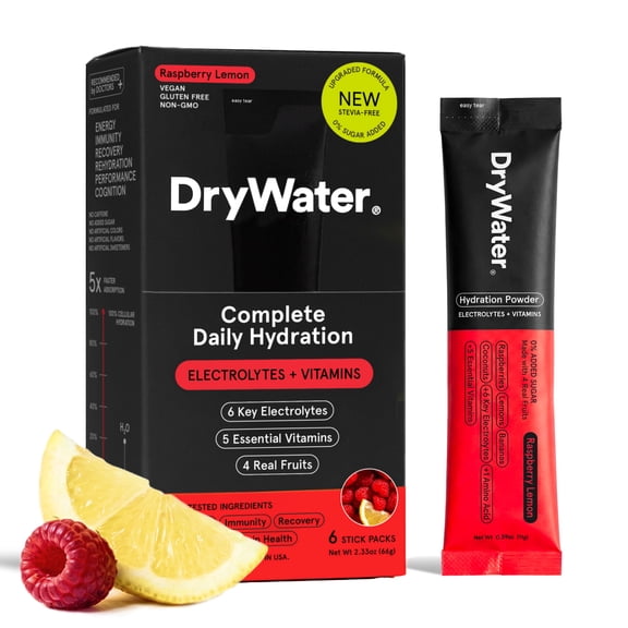DryWater Electrolyte Powder Packets, Raspberry Lemon - Stevia-Free Hydration Packets Drink Mix with Zero Added Sugar for Rehydration & Energy - 6 Key
