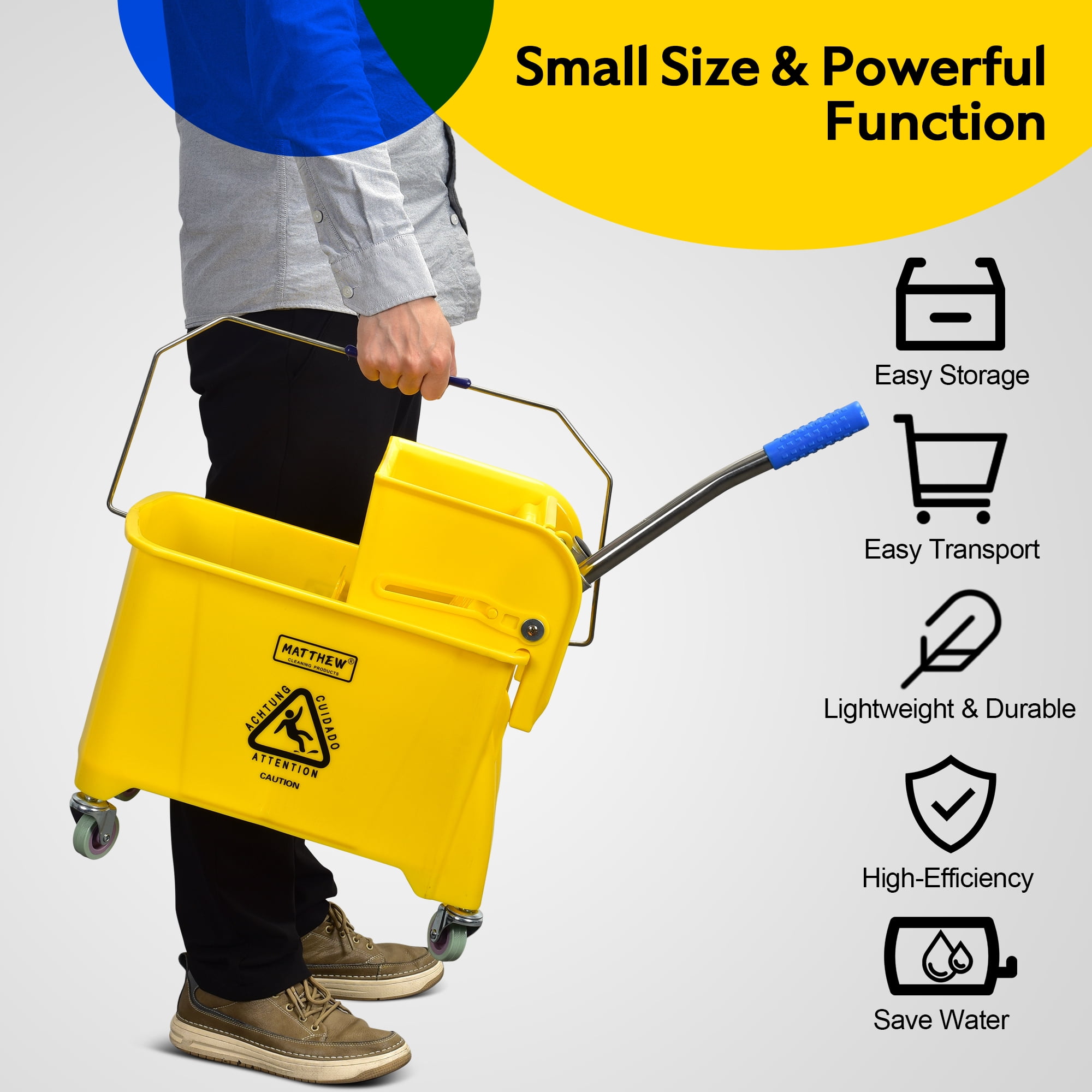 MATTHEW CLEANING Mop Bucket String Mop with Side Press Wringer On Wheels,Heavy Duty Tandem Portable Floor Cleaning Wavebrake,Ideal for Household,Industrial,Restaurant,22 Quart