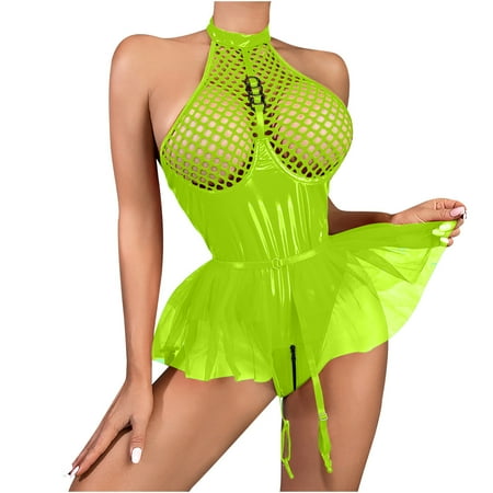 Sentmoon Lingerie for Women Women s Leather Mesh Hanging Neck Underwear Net Gauze Skirt Garter Belt Onesie Solution Sexy Suit Sexy Underwear Women s Lingerie  Sleep & Lounge Valentines Day Gifts for