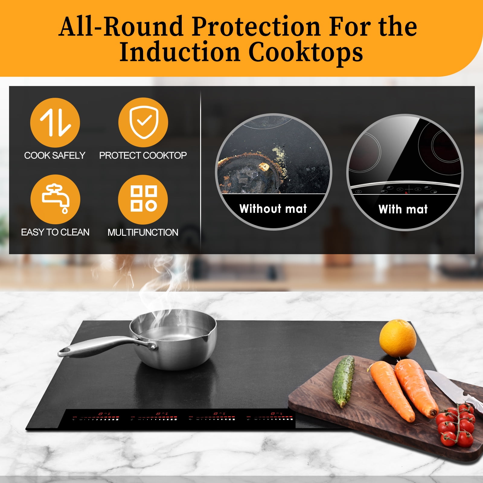 KitchenRaku 2 Pcs Induction Cooktop Mat - Black Induction Hob Protector- (Magnetic) Cooktop Scratch Protector - for Induction Stove ,Multifunctional