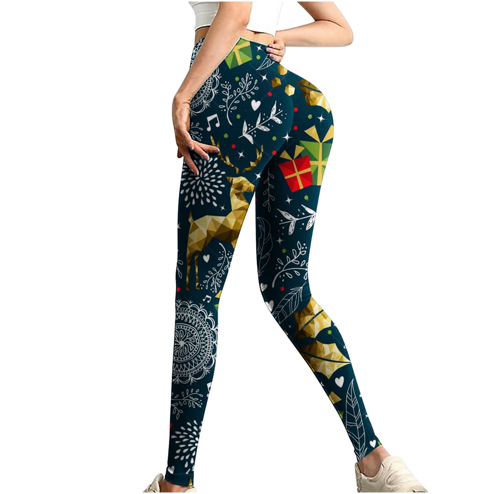 Outique Yoga Pants Mid-Waist Stretch Leggings Women Fashion Christmas Printing Work Out Long Pants Trousers Gothic 