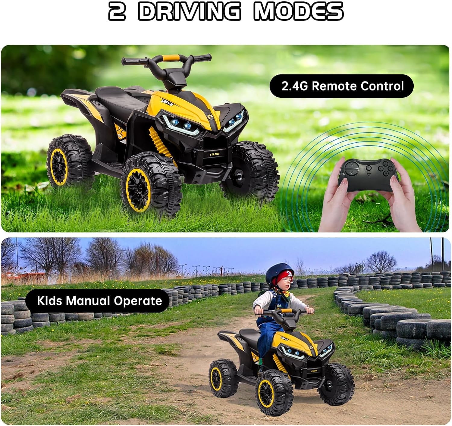 Riedhoff 12V Kids Ride-On ATV, Battery-Powered, LED Lights,High/Low Speed,USB,Treaded Tires,Yellow
