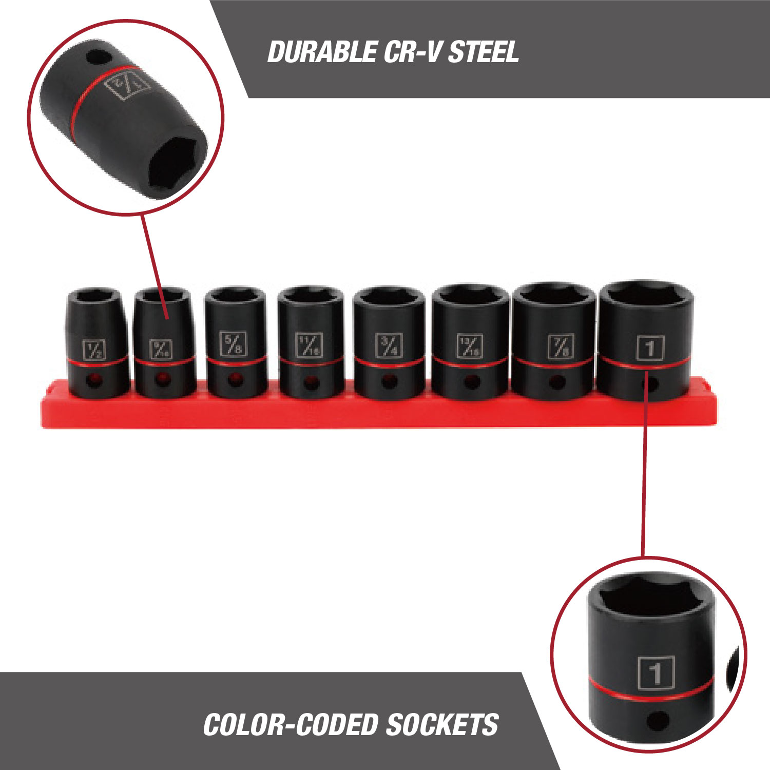 Juego de 9 Dados de Impacto de 1/2 Pulgada Hyper Tough (SAE) 6