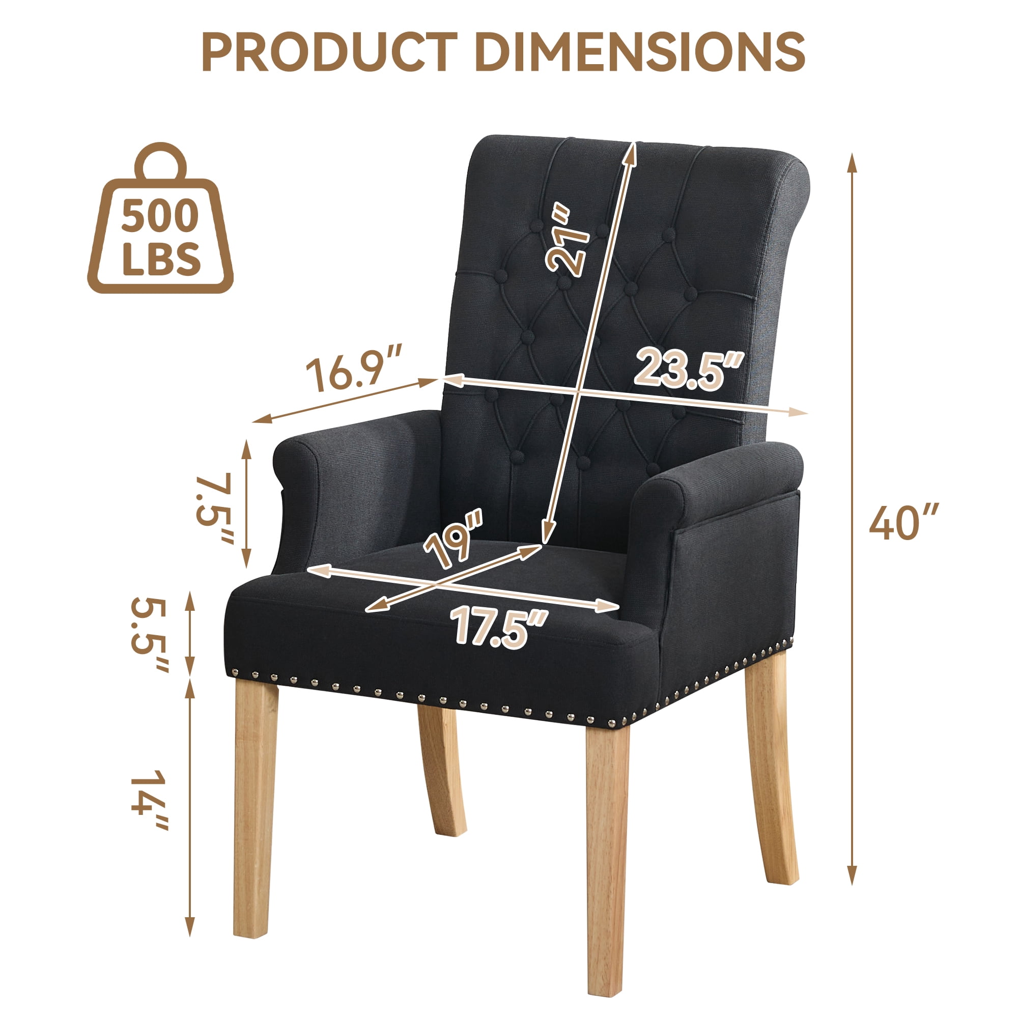 Fabric Upholstered Dining Chair with Arms, Tufted High Back Accent Coffee Armchair for Kitchen Dining Room Living Room, Black