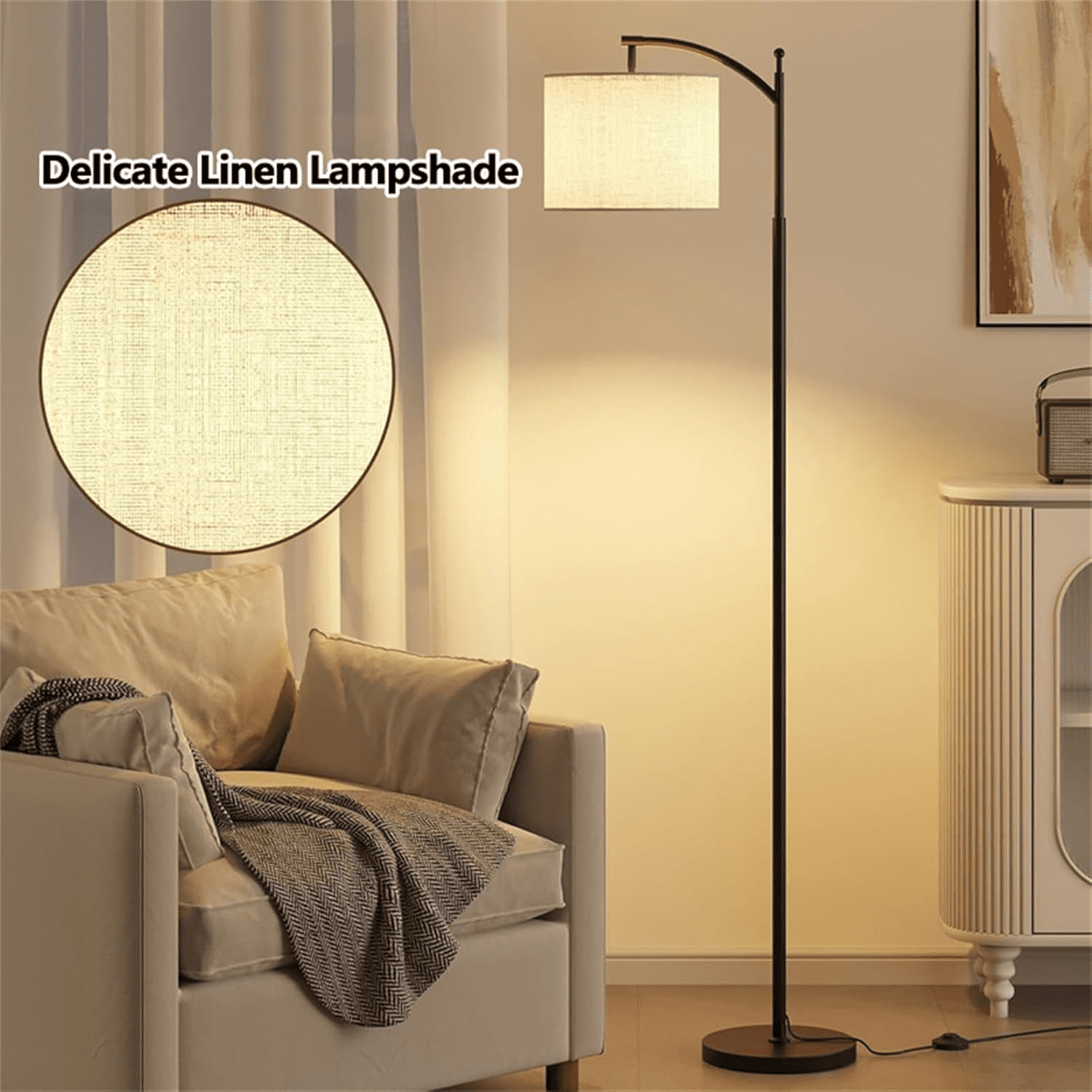 Floor Lamp for Living Room,LED Standing Lamp Tall Industrial Floor Lamp Reading for Bedroom, Office (9W, Beige Lampshade Included) -Black