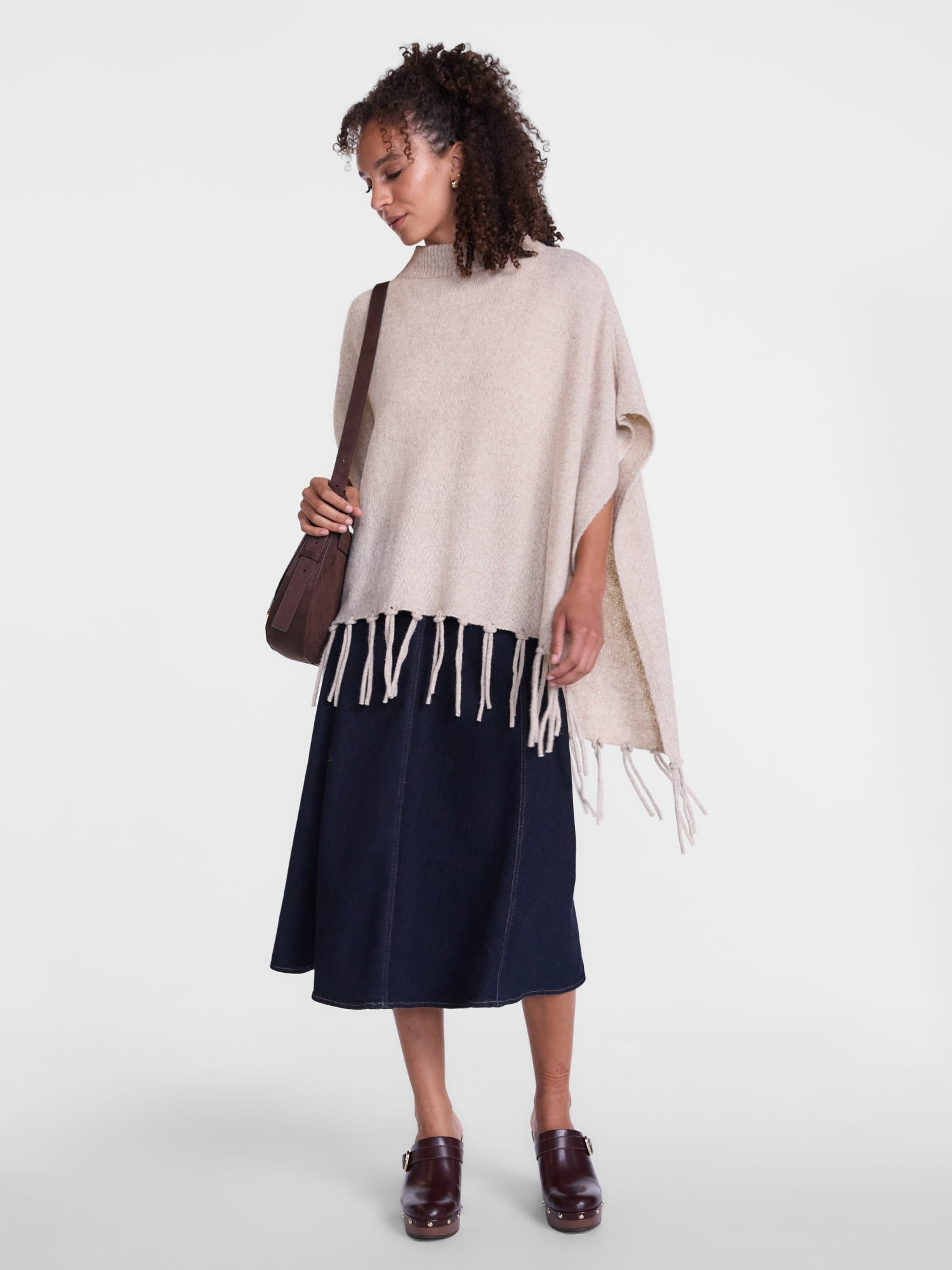 Scenario Women's Mock Neck Fringe Poncho, Sizes S-XL