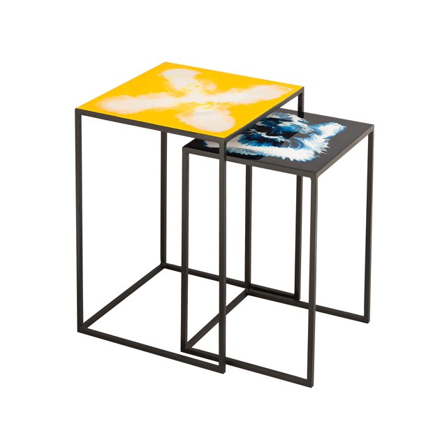 TOV Furniture Modern Living Room Enamel Top Nesting Table with Iron Legs, 2 Piece, White/Yellow/Blue