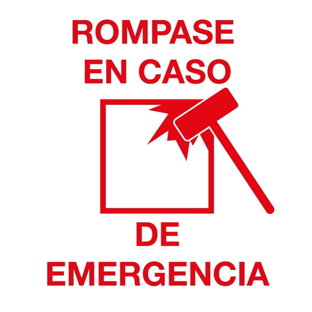 Señalamiento: "Rómpase en caso de emergencia", en blanco y rojo. Plástico estireno calibre 40, ideal para interiores, medidas: 20 x 20 cm. Prevención, Señalética, Letrero, Señal cuadrada informativa.