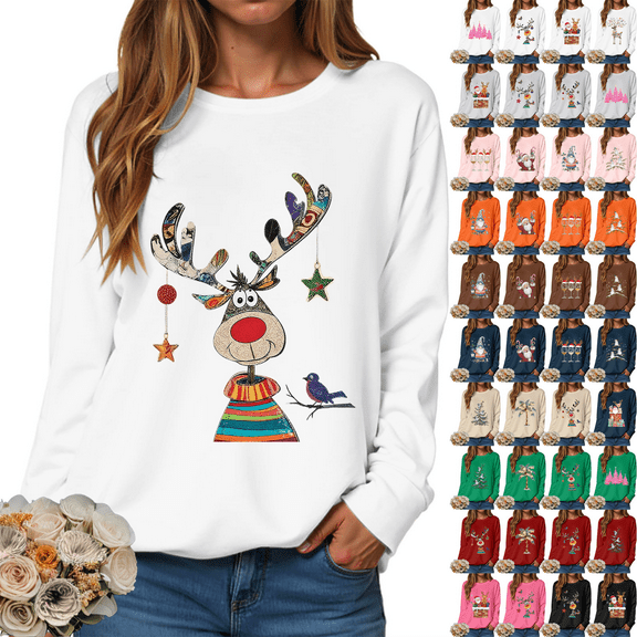 Towmus Christmas Sweatshirts for Women Cute Sweatshirt Elk Print Casual Long Sleeve Crewneck Pullover Tops