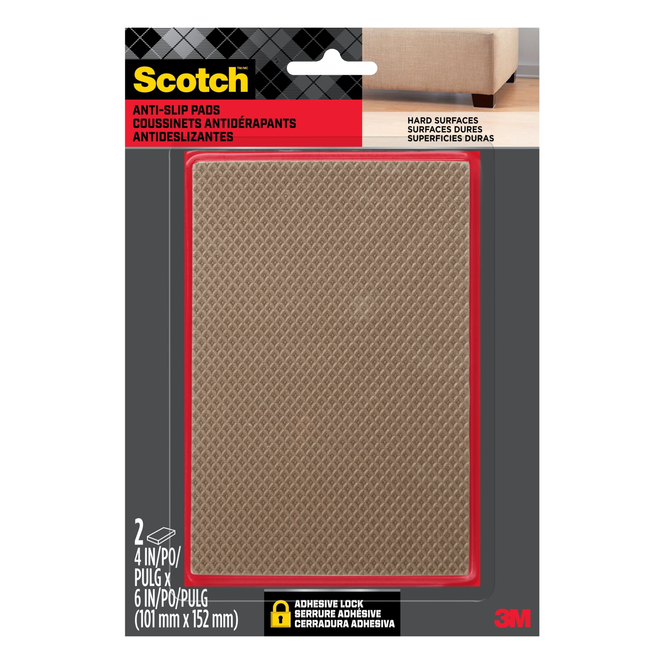 (2 pack) Scotch Furniture Pads, No Slip Floor Protection, Brown, 4 in. x 6 in., 2 Rectangle Grippers