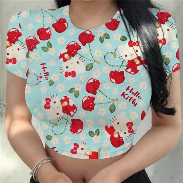 RWJDXD Chemises Décontractées d'Été pour Femmes Mode Urbaine Manches Courtes Crop Tops Imprimé Chat Hello Kitty Col Rond Ajusté T-Shirts