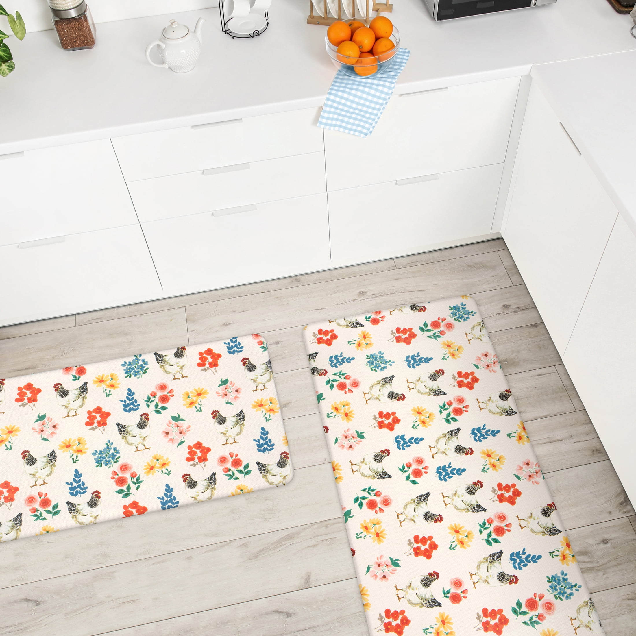 Apache Mills Cushion Comfort Multi-Color Folk Art Chickens Kitchen Anti-Fatigue Mat, 18" x 30" & 20" x 41", 2 pack