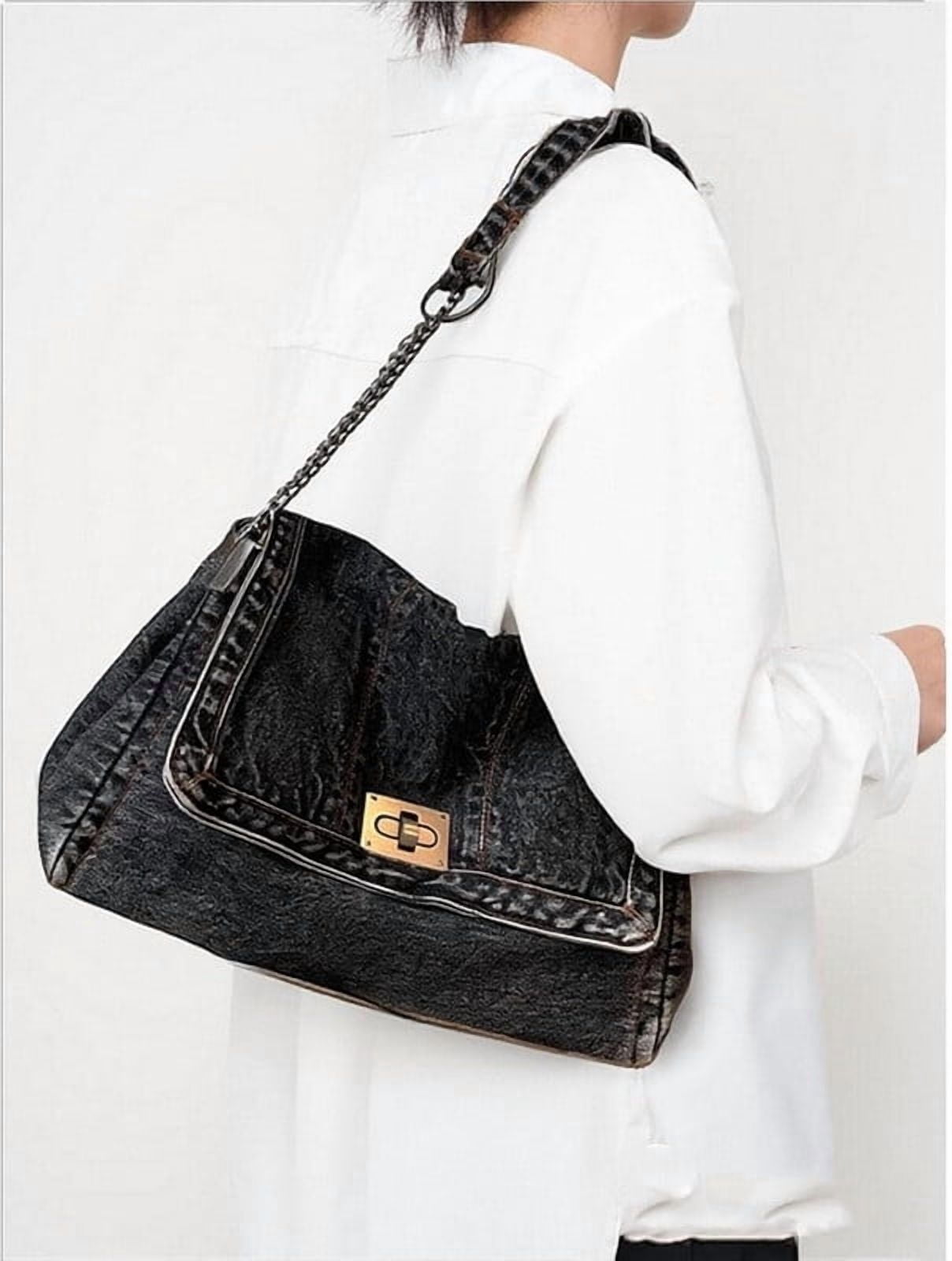 2026 Women's Casual Retro Denim Tote Bag, Lightweight Quilted Crossbody Purse with Chain Strap