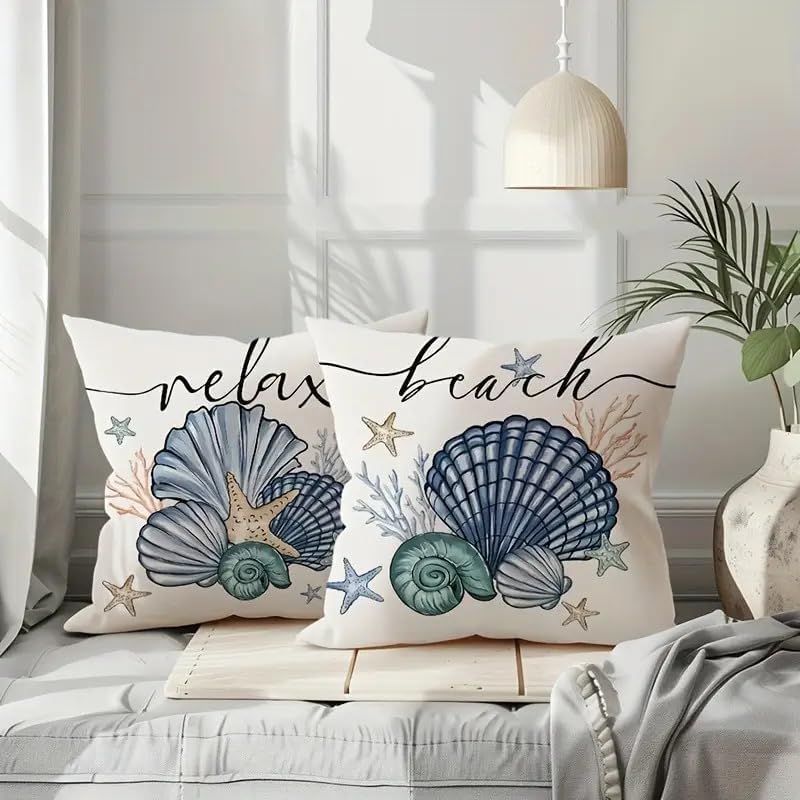 Beach Theme Throw Pillow Covers, 18x18 inches, Set of 4, Coastal Seashell and Starfish Design, Decorative Linen Cases for Living Room