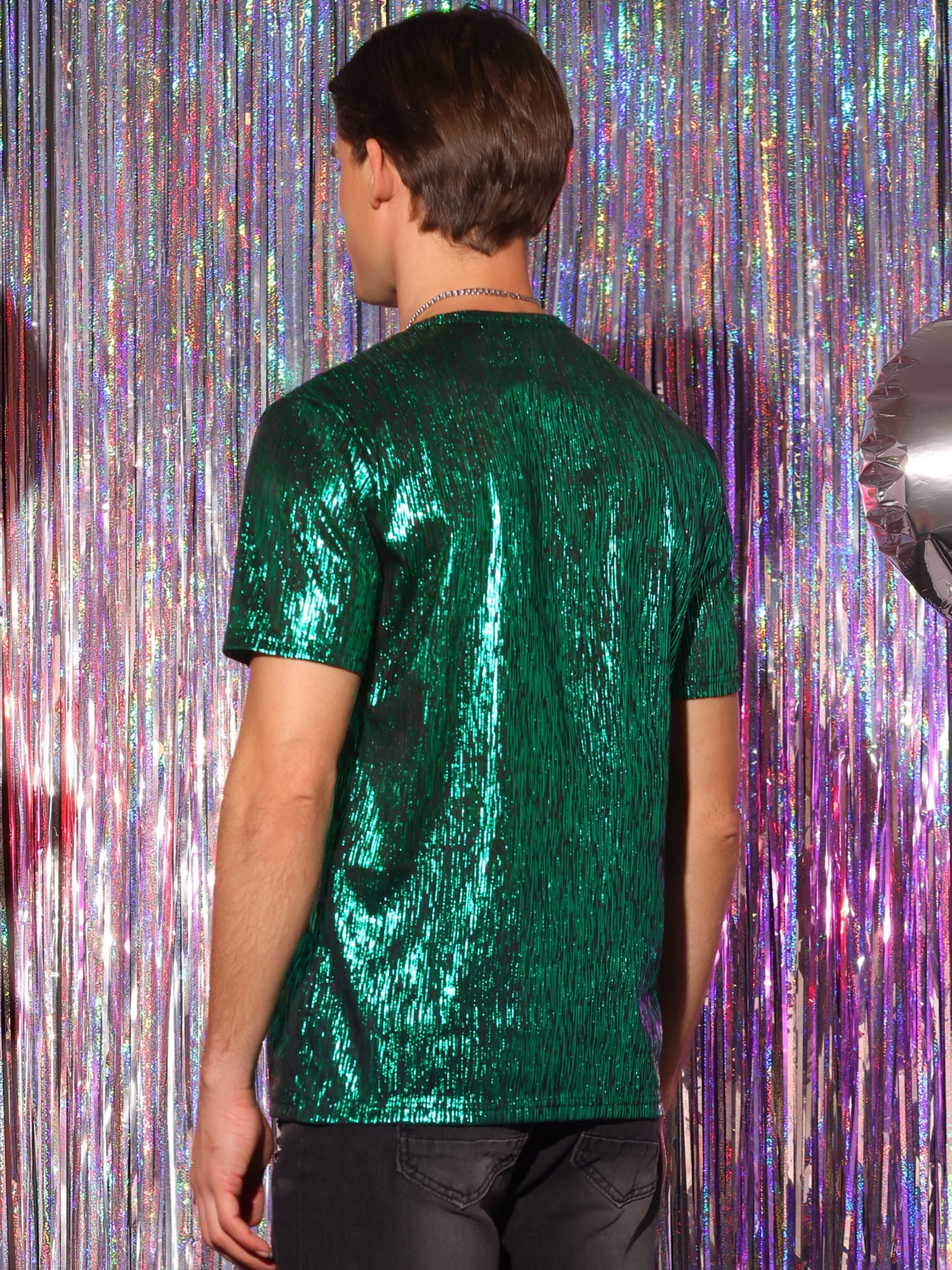 Unique Bargains Men's Metallic Shiny T-Shirt Round Neck Short Sleeves Sparkle Tee Top S Green