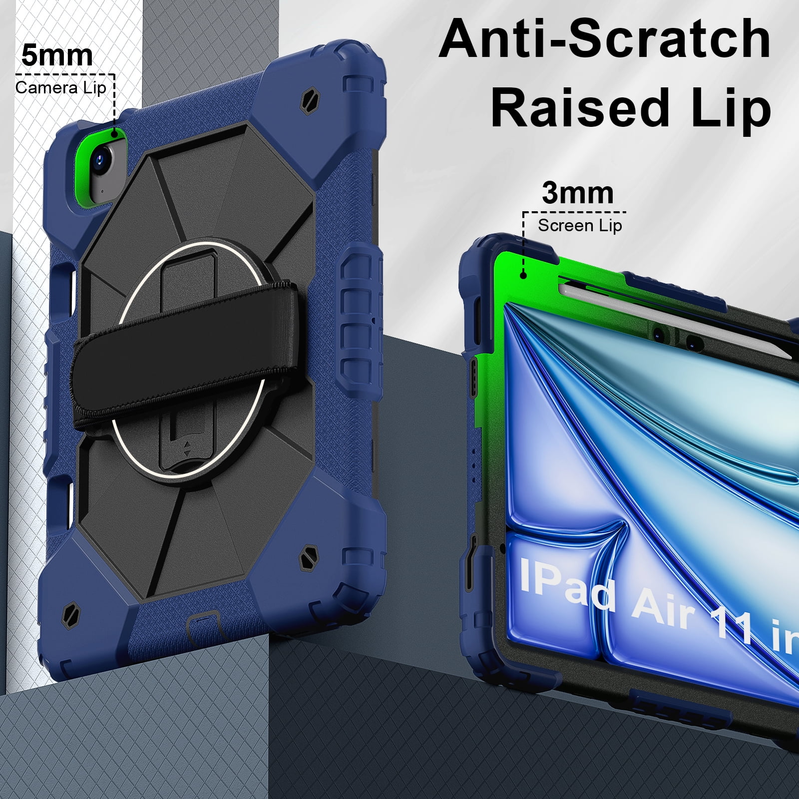 for iPad Air 13 inch (M2) 2024 Case, Military Grade Heavy Duty Silicone Protection Cover with Pencil Holder + 360 Rotating Stand + Wrist Handle Rugged Cover for iPad Air 13" 2024, Navyblue+Black