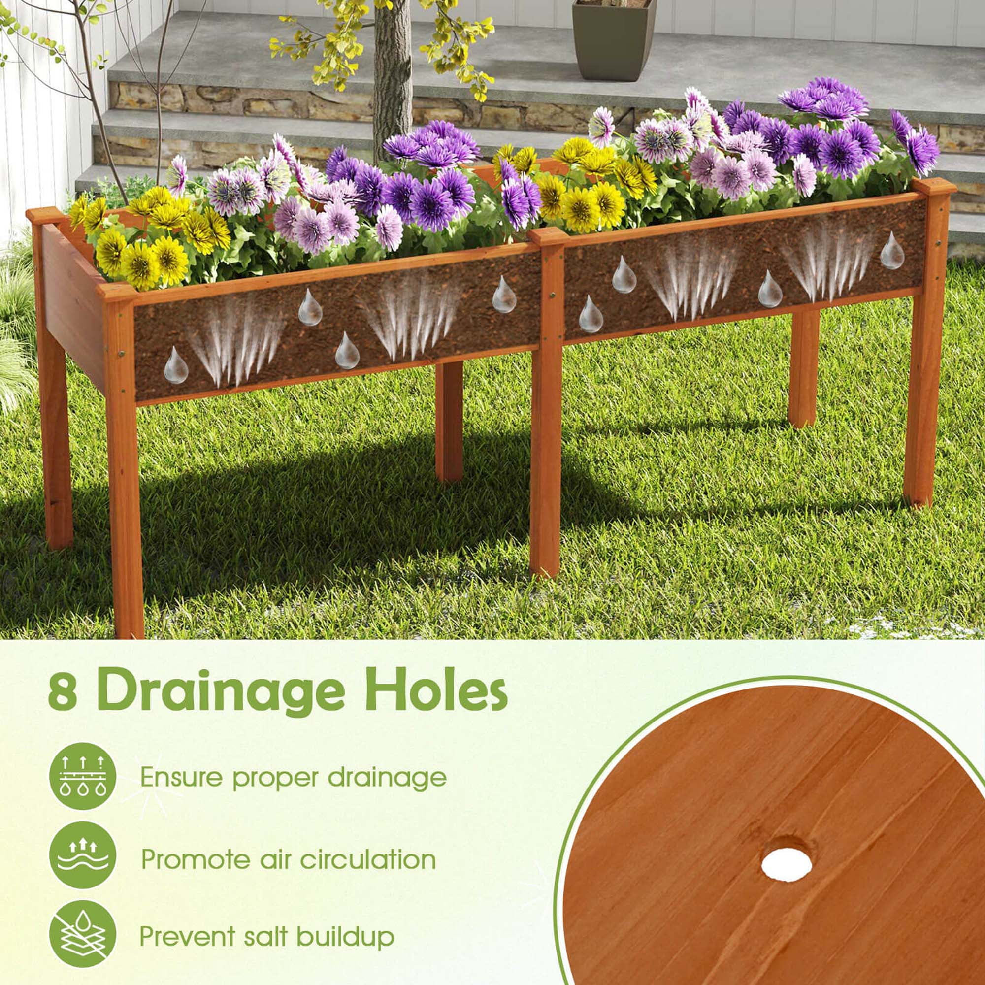 Costway Outdoor Raised Garden Bed with Legs 73x23x30in Wood Planter Box with Divider Panel Brown