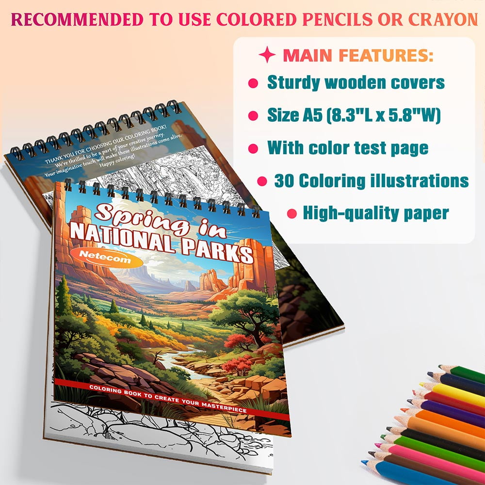 Netecom Spring in National Parks Coloring Book Spiral Bound for Adults, A5 Wooden Cover, 30 Coloring Pages of Scenic Landscapes, Blooming Flowers, Mountains for Stress Relief and Relaxation
