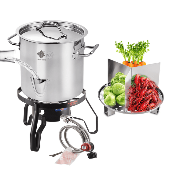 40QT Stainless Steel Steamer Pot Set, Portable Propane Camping Stove for Outdoor Cooking, Large Steamer Pot with Easy-fill Water Spout, Divider and Rack