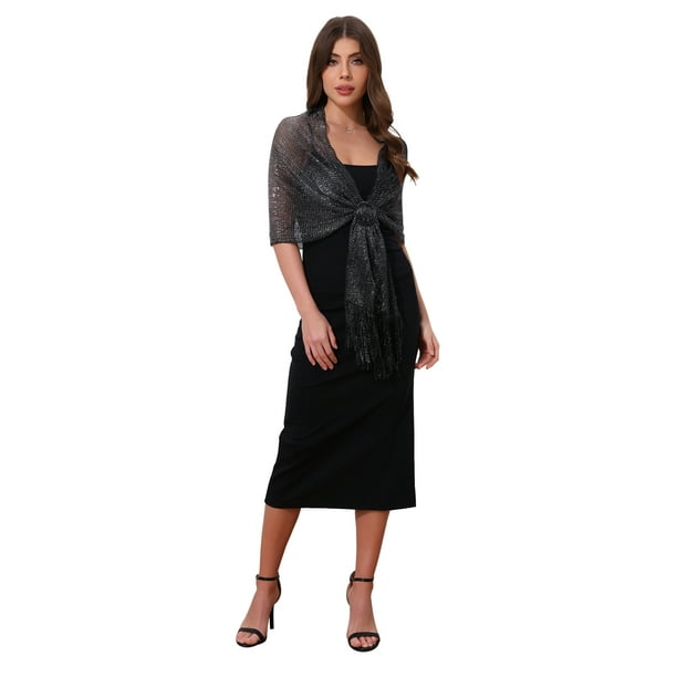 Chales y envolturas para mujeres Inspire Chic para vestidos de noche, brillante, chispeante y elegante con hebilla 74.8x17.7" (LxA) Negro (Plata)