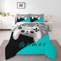 Manfei Chic Gamepad Teens Bedding Comforter Set, Black Cyan Cartoon Twin Comforter Sets, Game Console Player Reversible Bedding Set, Ultra Soft Home Decor, 2pcs