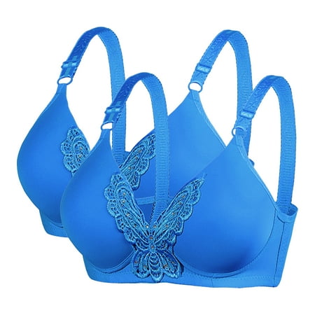 WREESH Women s 2 Pack Push Up Bra No Underwire Full Support Bras Wireless Comfort Everyday Bras Embroidered Plunge Bra Underwear Blue