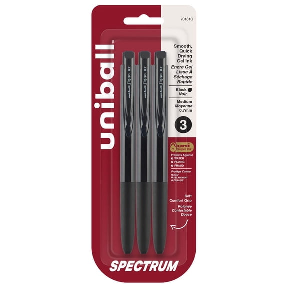 uni® Spectrum Retractable Gel Pens, Medium Point (0.7mm), Black Ink, 3 Pack