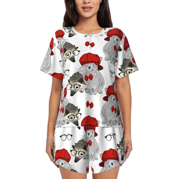Balery Rabbit And Hedgehog Conjunto de Pijama para Mujer con Estampado, Dos Piezas de Manga Corta y Shorts, Ropa de Dormir Suave con Cuello Redondo y Bolsillos-Medium