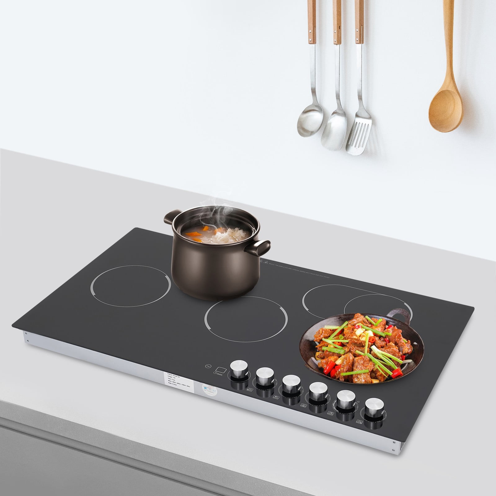 5 Burners 110V Electric Cooktop Knob Control Black Electric Stovetop for Kitchens Snack Bars Offices Hotels