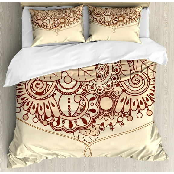 Sketchy Queen Size Duvet Cover Set, Indian Asian Ethnic Design with Floral Oriental Leaves Like Lines Details Art Print, Decorative 3 Piece Bedding Set with 2 Pillow Shams, Brown, by Ambesonne