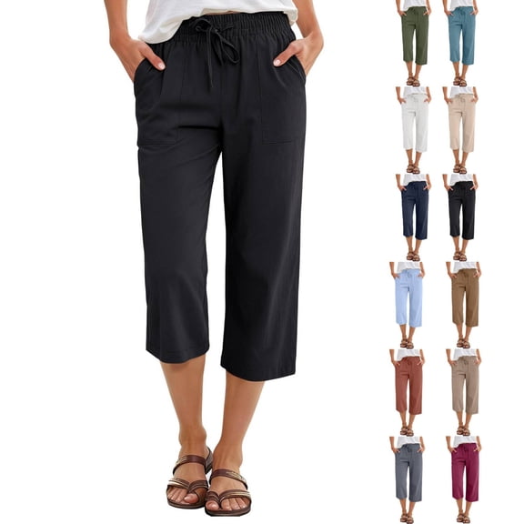 Petite Capris for Women with Pockets Summer Casual Loose Drawstring Elastic High Waist Straight 2026 Lounge Beach Cropped Trousers Black XL