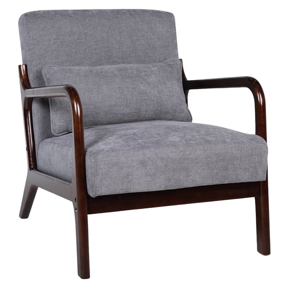 PAPROOS Mid Century Modern Accent Chair with Arms, Upholstered Reading Chair with Solid Rubberwood Frame, Lumbar Pillow and Thick Cushion for Living Room Bedroom, Dark Grey