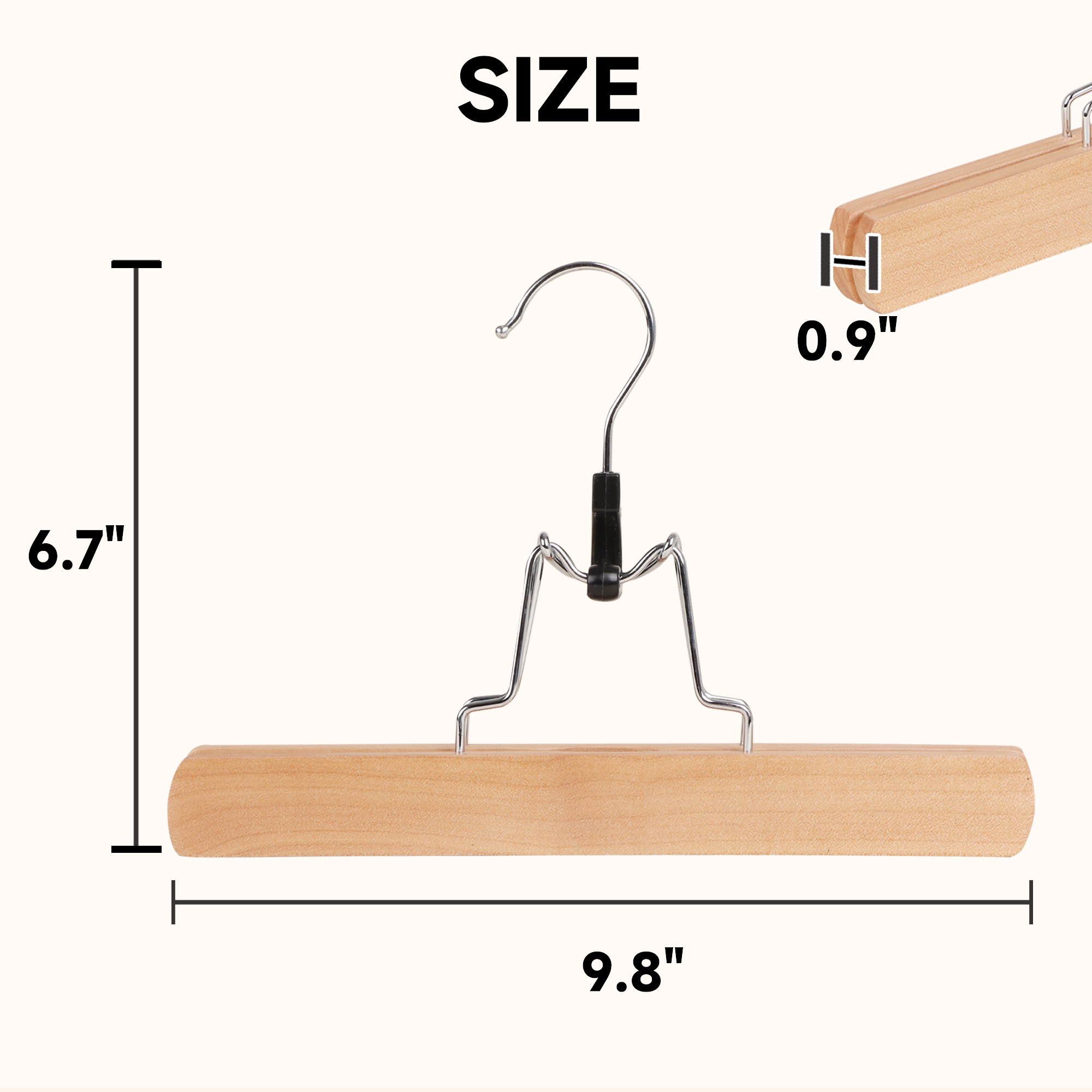 BP4U 12-Pack Wooden Pants Hangers with Felt Lining, 10" Non-Slip Clamp Solid Wood Skirt Hangers for Trousers, Jeans, Shorts, and Delicate Fabrics