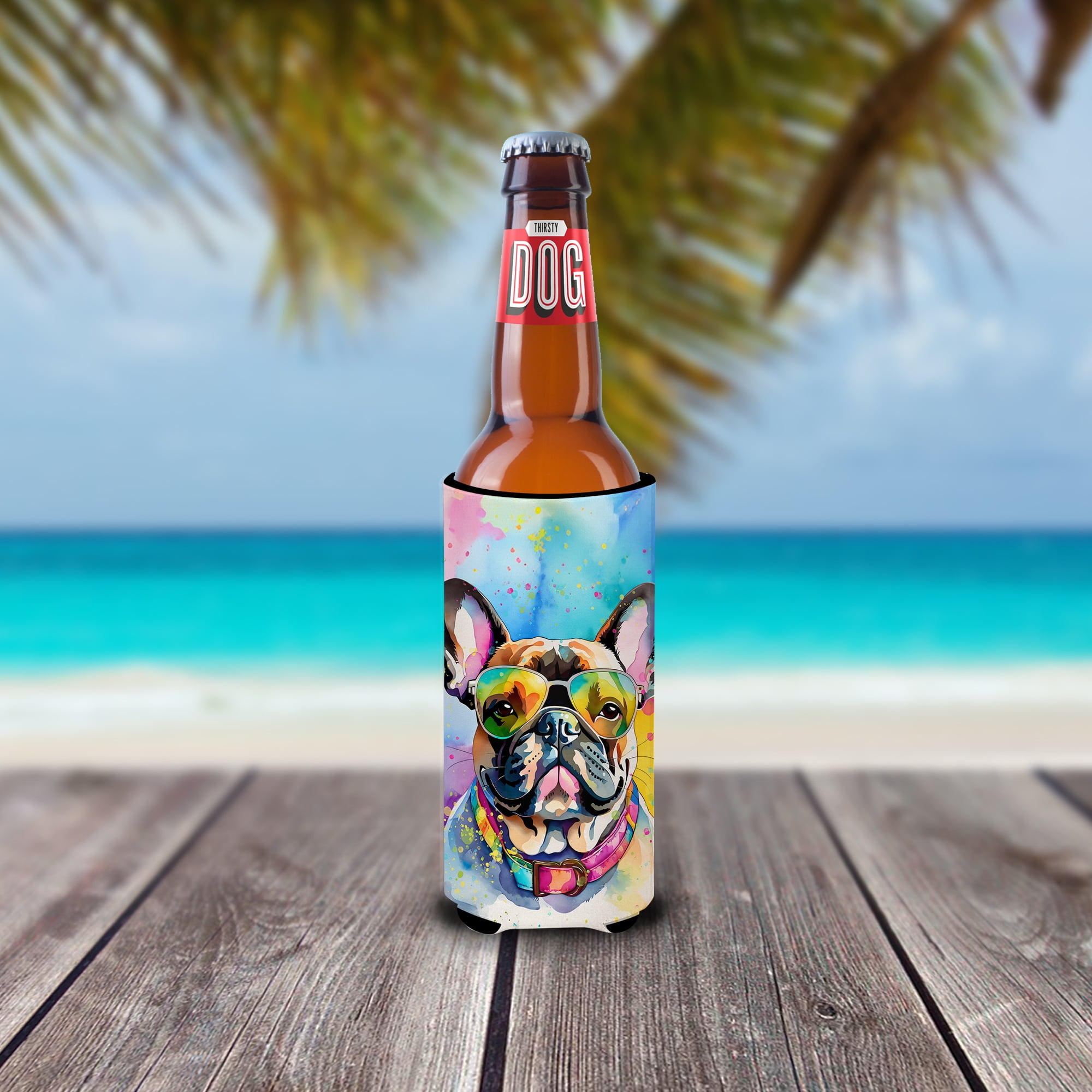 French Bulldog Hippie Dawg Hugger for Ultra Slim Cans 4 in x 6.5 in