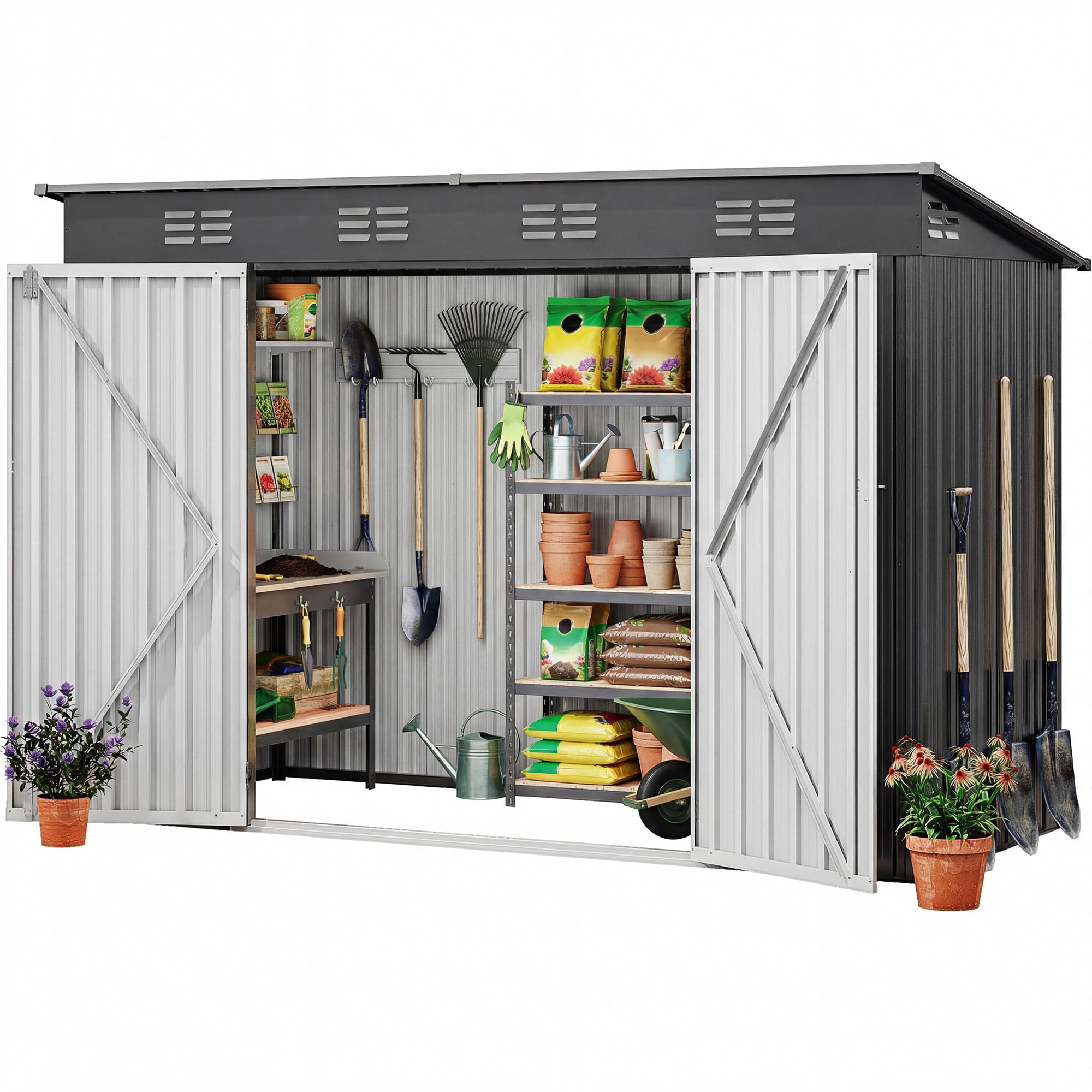 Uforic 8.5' x 3.5' Oversized Steel Outdoor Storage Shed, Heavy-Duty Tool Shed with Lockable Doors and Sloped Roof, Multipurpose Storage for Garden Patio Garage Backyard Lawn, Dark Gray