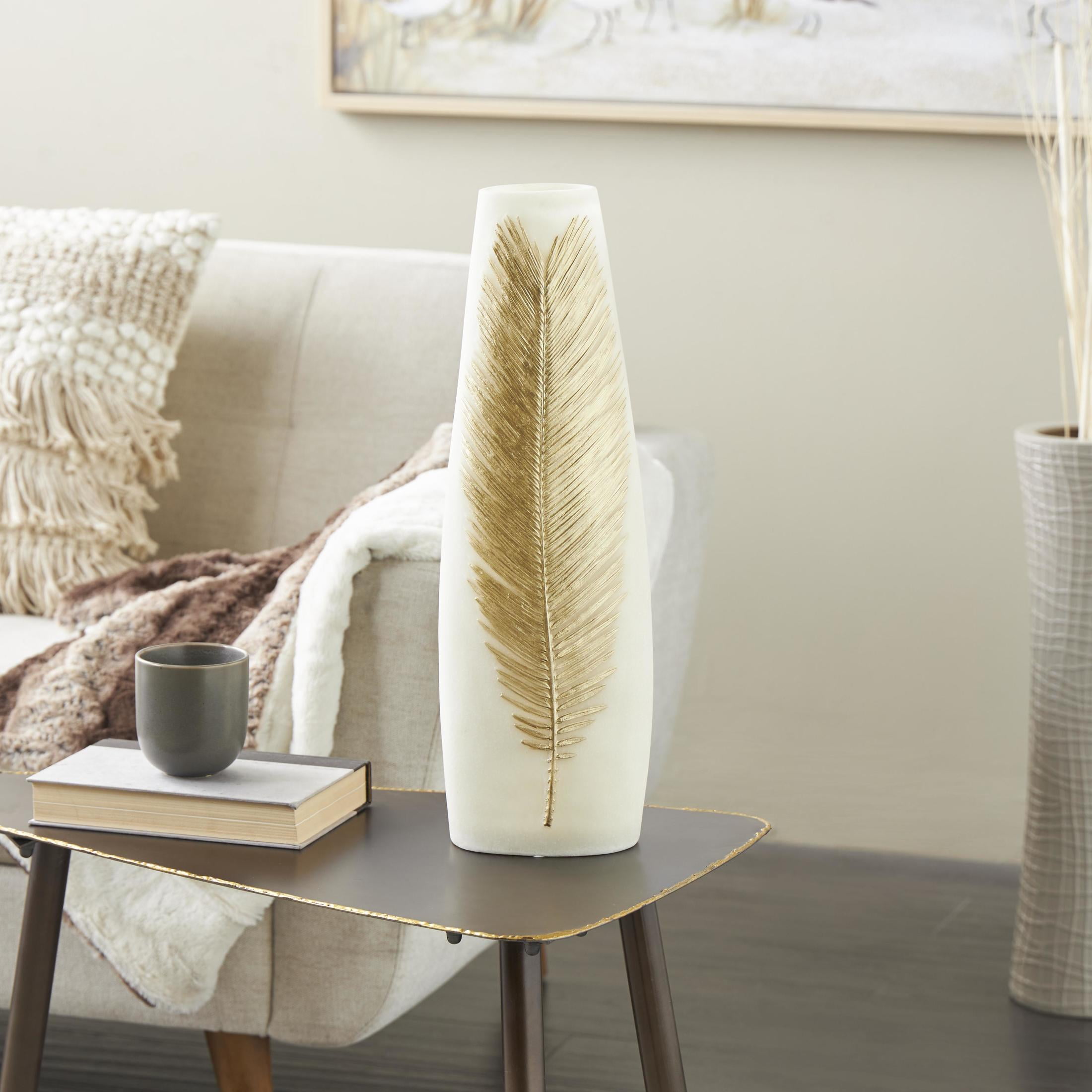 DecMode 20" Leaf Cream Polystone Vase with Gold Leaf Relief