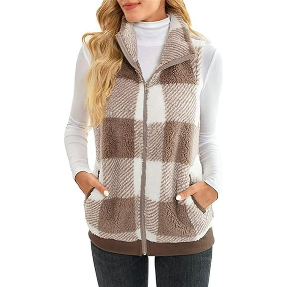 CoCopeaunts Women Warm Outwear Vest Lightweight Fashion Plaid Stand Collar Zipper Up Sleeveless Vest with Pocket