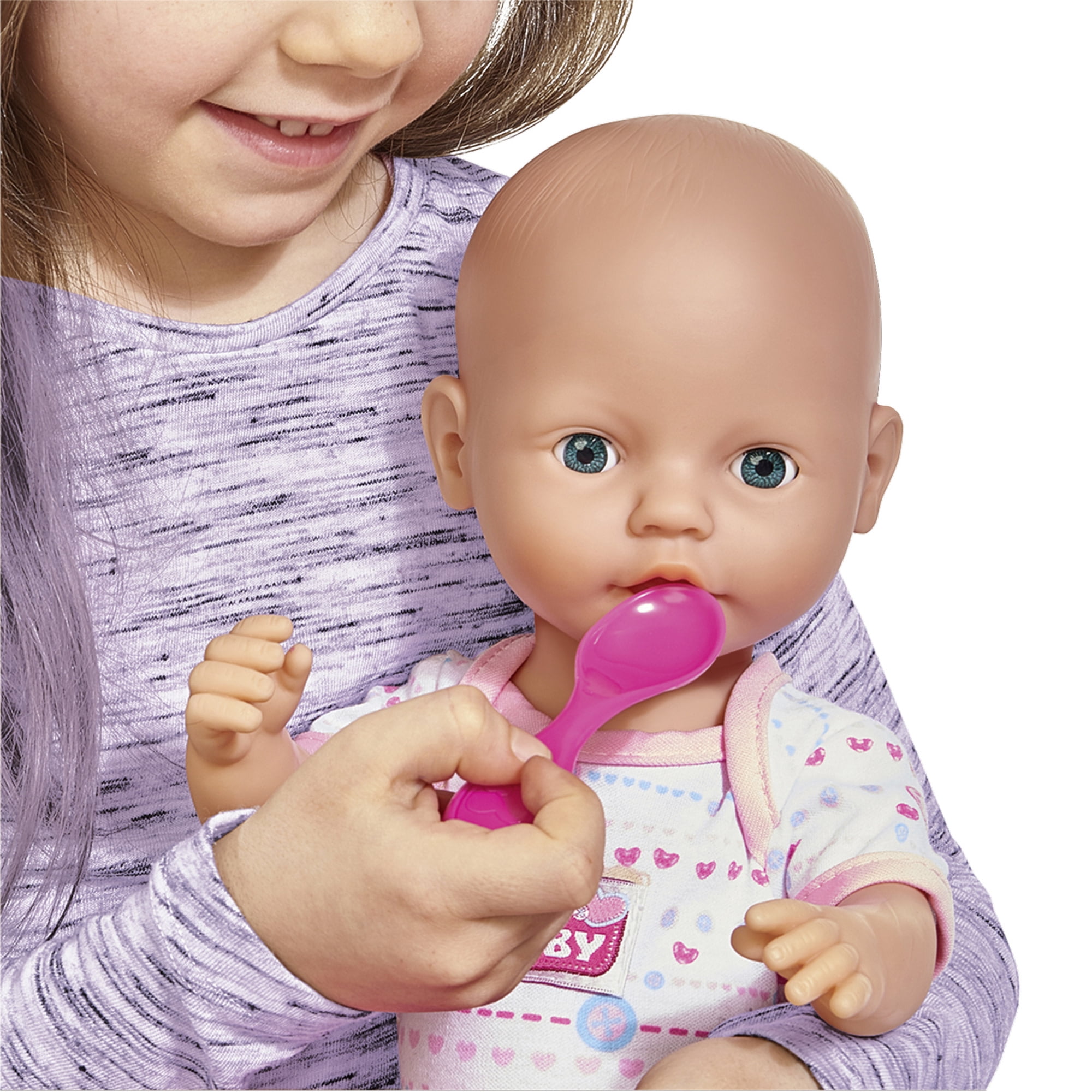 Simba Toys: Newborn: Drink & Wet - 15" Baby Doll & 7pc Toy Accessories - Pink-Heart-Teddy Bear Onesie, Potty Toilet, Bottle, Diaper & More, Kids 3+