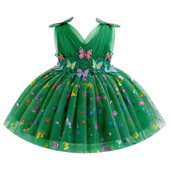 OBEEII Kids Girls Ruffle Mesh Tulle Dress Fashion 3D Butterflies V-Backless Wedding Pageant Gowns Dress Formal Prom Dance Dresses