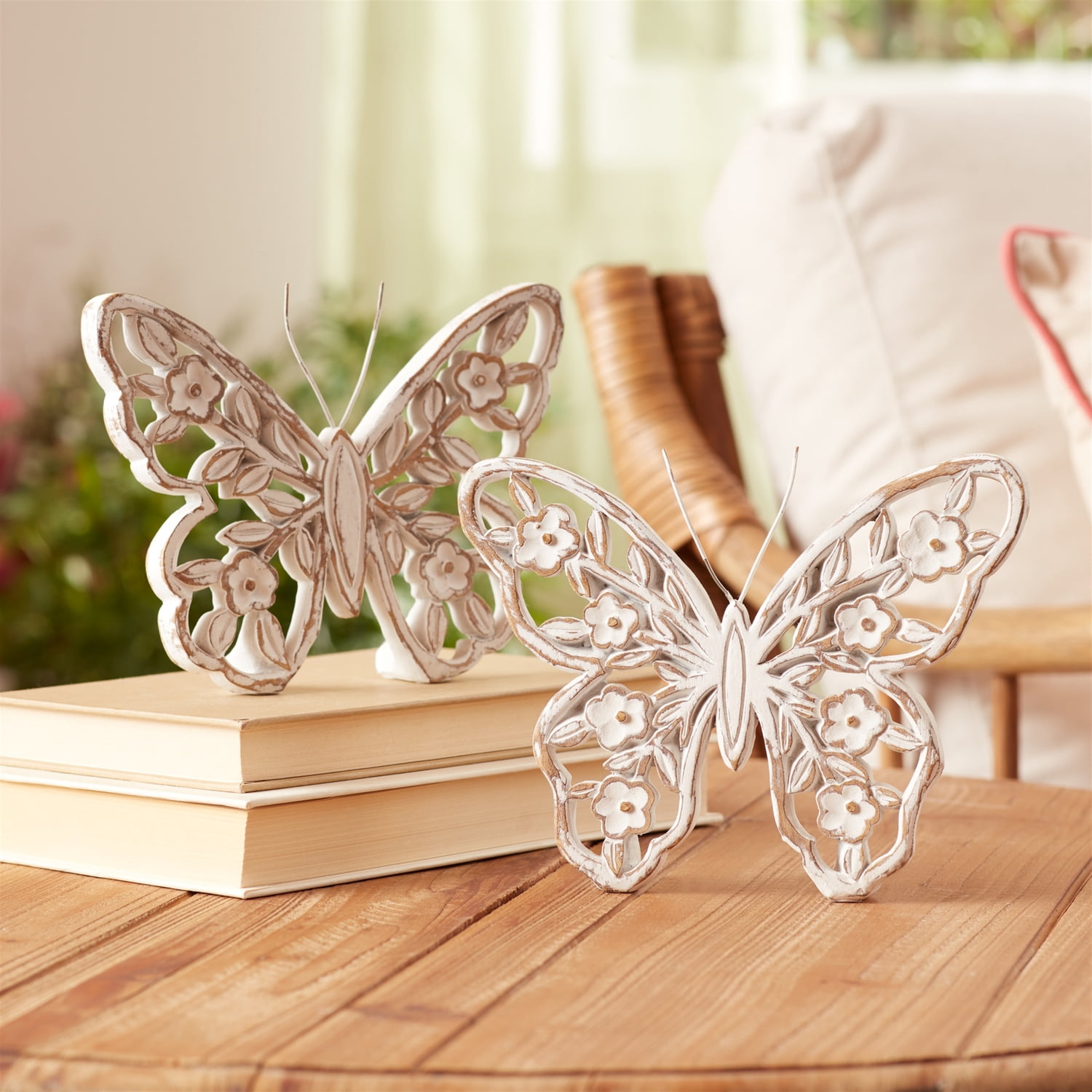 Melrose 96430DS 5.5 in. Resin Butterfly, White & Beige - Set of 2