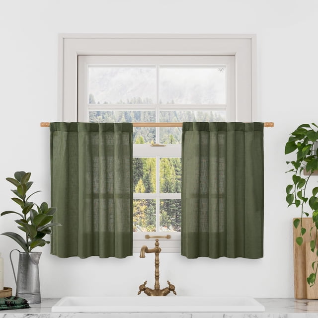 Cortinas LAMIT de lino, 86 x 76 cm, semitransparente, color verde oliva, 2 paneles