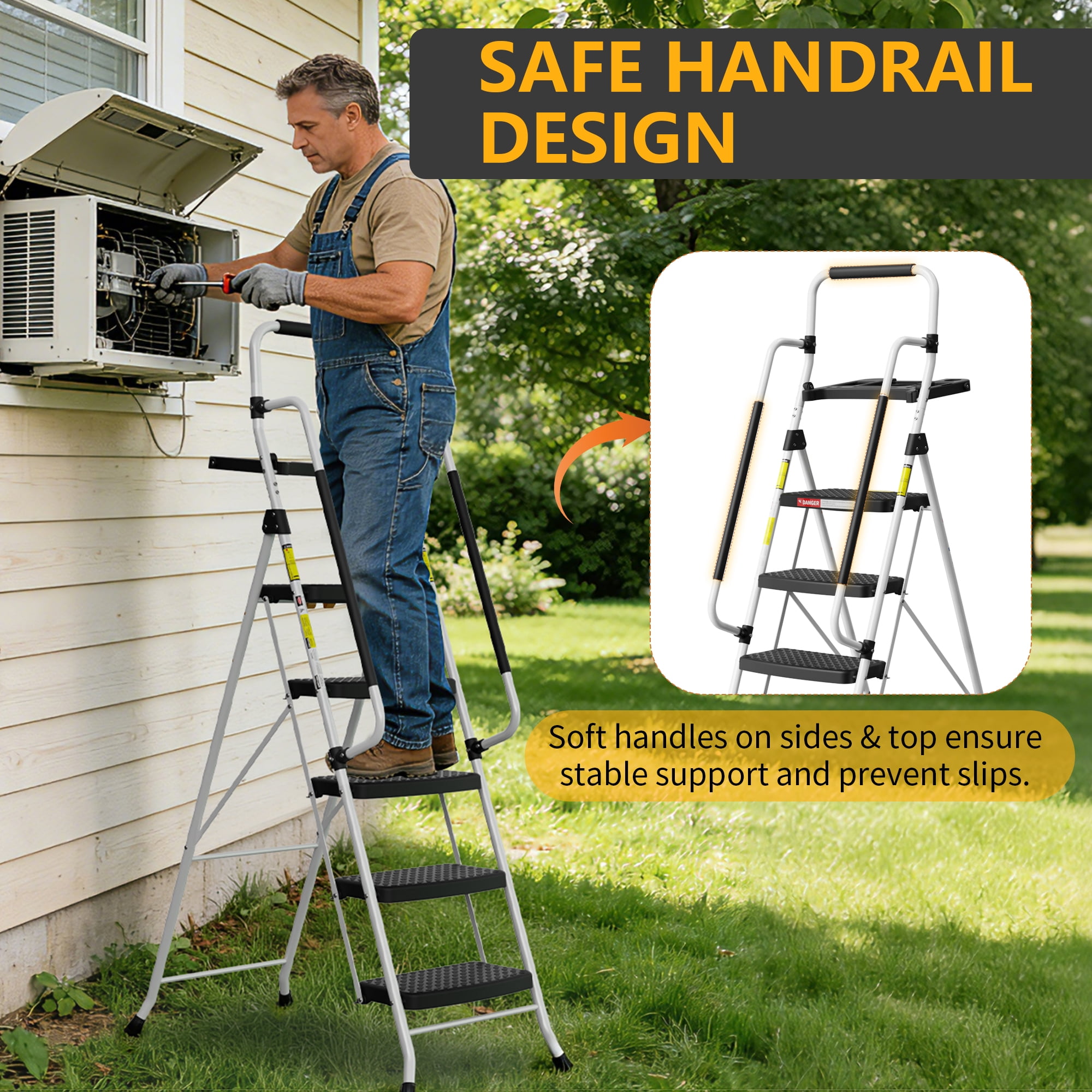 ASoopher 5 Step Ladder with Tool Tray and Handrails, Folding Stool with Wide Anti-Slip Pedal, Tool Platform, Sturdy Steel Ladder, White