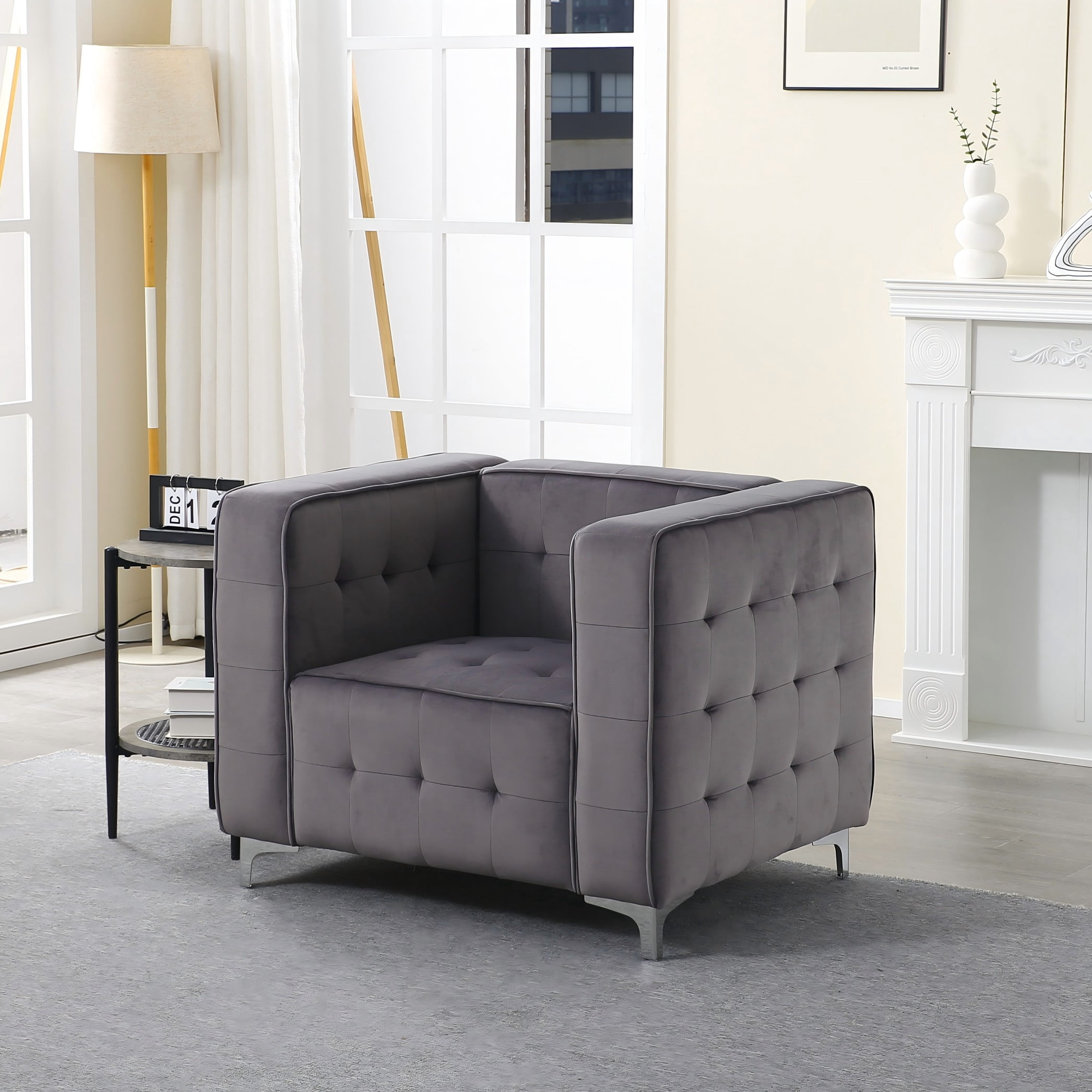 BSHTI 24.41" Velvet Accent Chair – Tufted Seat & Back, Solid Wood Frame, Metal Legs, High-Density Foam, Easy Assembly – For Living Room, Bedroom, Den