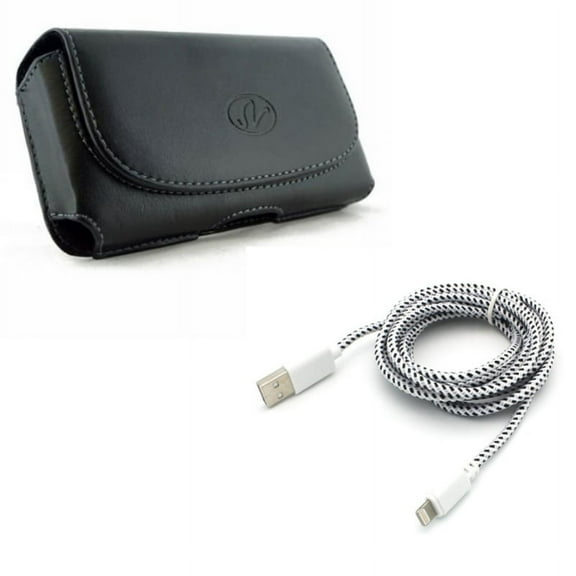 Case Belt Clip w 6ft USB Cable for iPhone 8/7/6S/6/11 Pro - Leather Holster Cover Loops Pouch, Charger Cord Power Wire Braided Long for iPhone 8/7/6S/6/11 Pro Models