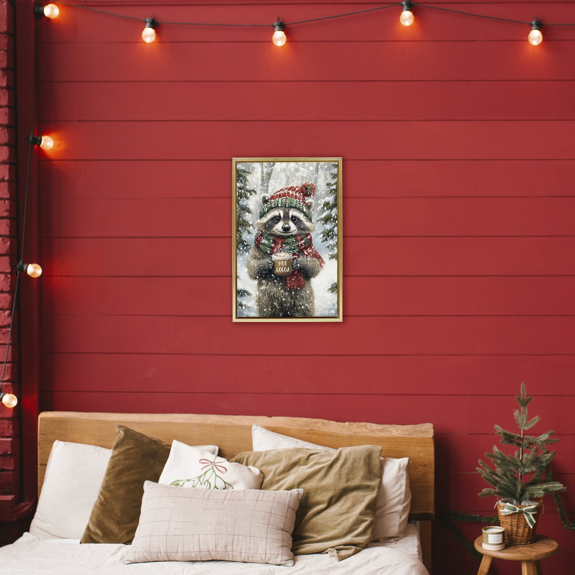 Stupell Industries Merry Cocoa Raccoon Gold Framed Floater Canvas Wall Art, design by Tina LeCour