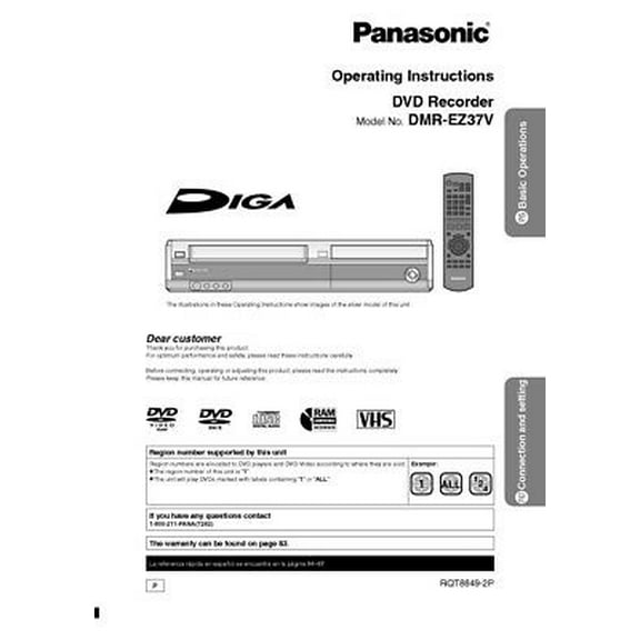Instruction Manual ONLY for Panasonic DMR-EZ37V DVD Recorder Owners Instruction Manual REPRINT