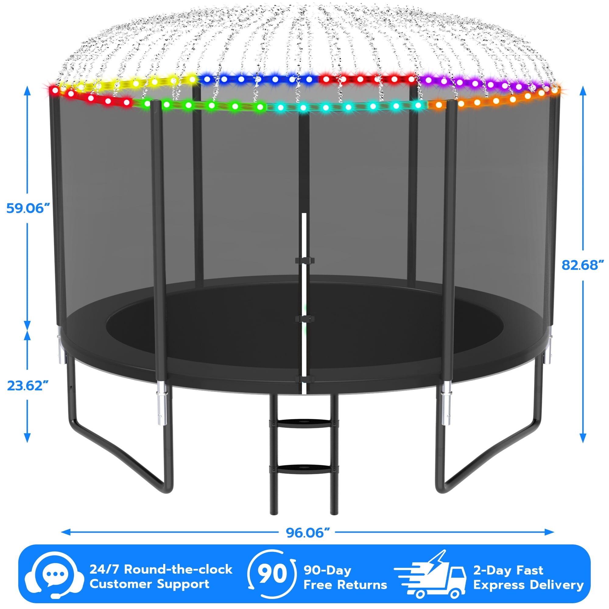 Cochan 8FT Trampoline with Net for 2-3 Kids, Heavy Duty Outdoor Trampoline with Sprinkler and Lights, Enclosure, Ladder, 800LBS Weight Capacity, Birthday Gift, Easy Assembly